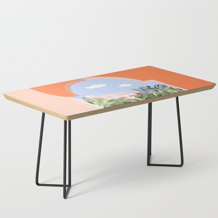 Summer Travel, Tropical Nature Palm Trees, Modern Architecture Palace Illustration Painting Coffee Table