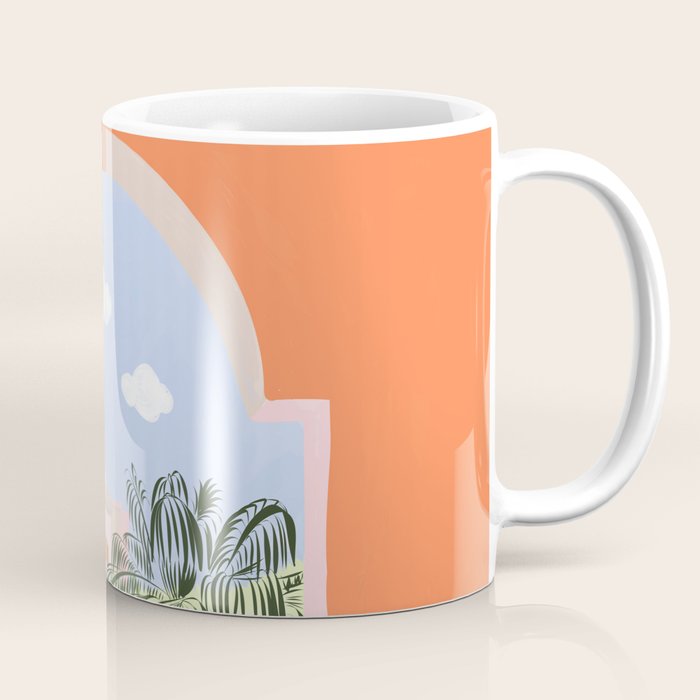 Summer Travel, Tropical Nature Palm Trees, Modern Architecture Palace Illustration Painting Coffee Mug