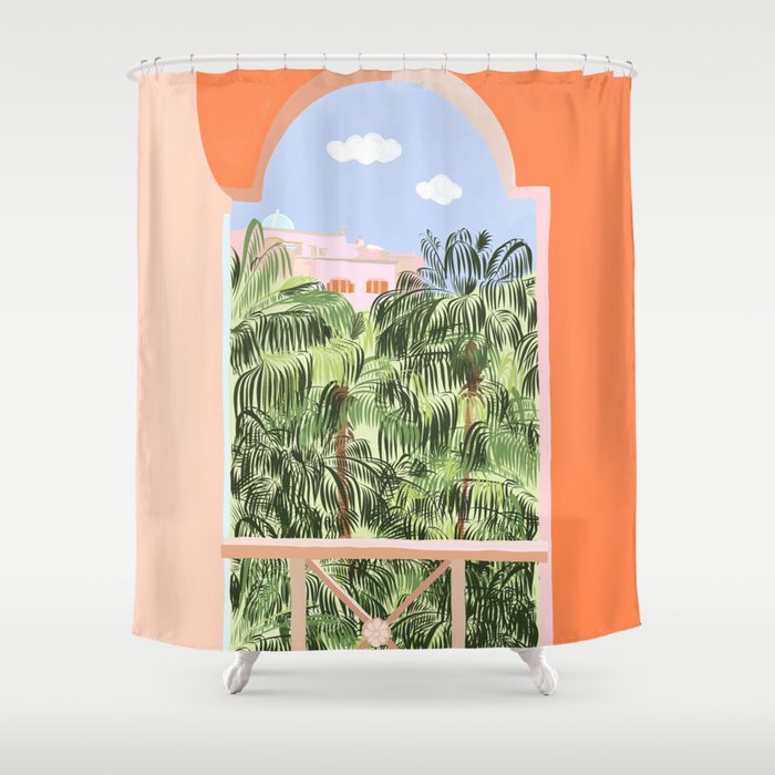 Summer Travel, Tropical Nature Palm Trees, Modern Architecture Palace Illustration Painting Shower Curtain