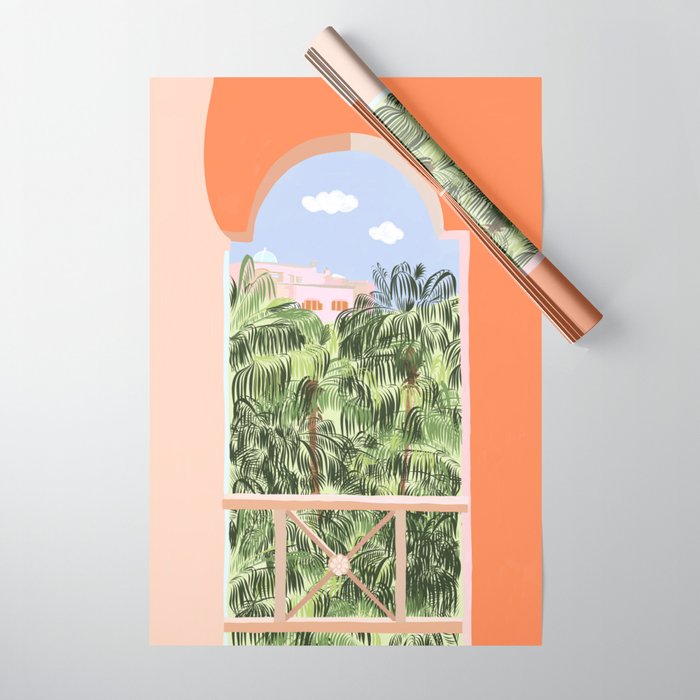 Summer Travel, Tropical Nature Palm Trees, Modern Architecture Palace Illustration Painting Wrapping Paper