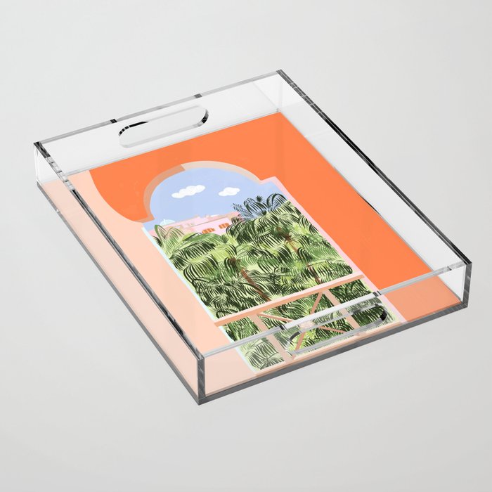 Summer Travel, Tropical Nature Palm Trees, Modern Architecture Palace Illustration Painting Acrylic Tray