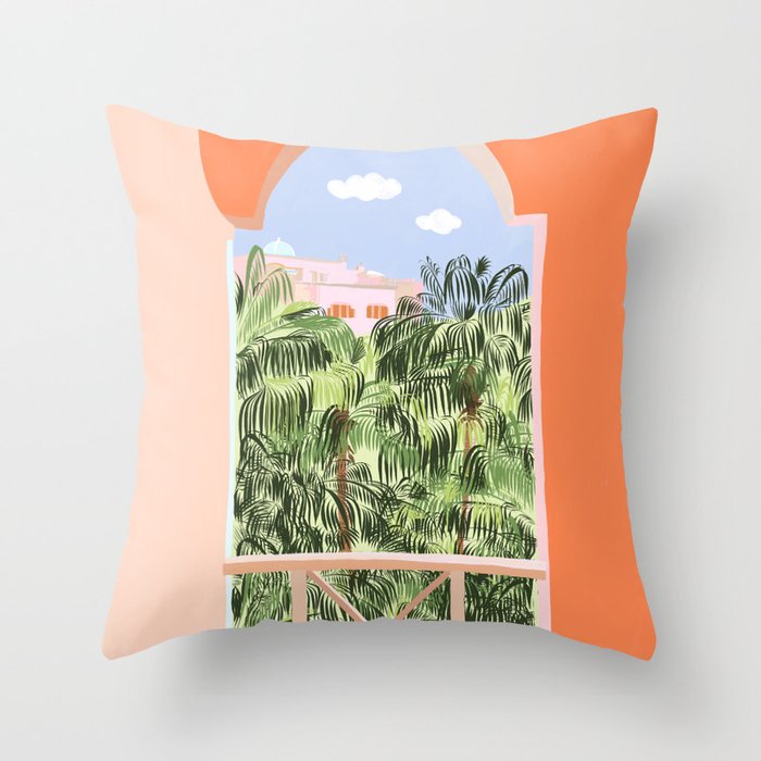 Summer Travel, Tropical Nature Palm Trees, Modern Architecture Palace Illustration Painting Throw Pillow