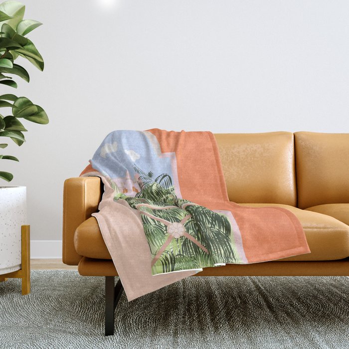 Summer Travel, Tropical Nature Palm Trees, Modern Architecture Palace Illustration Painting Throw Blanket