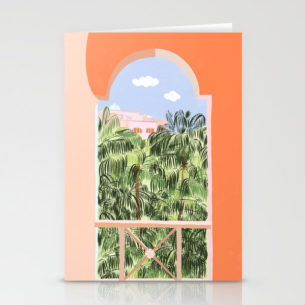 Summer Travel, Tropical Nature Palm Trees, Modern Architecture Palace Illustration Painting Stationery Card