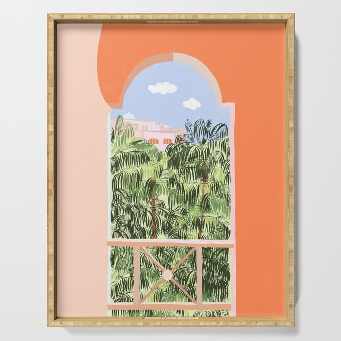 Summer Travel, Tropical Nature Palm Trees, Modern Architecture Palace Illustration Painting Serving Tray