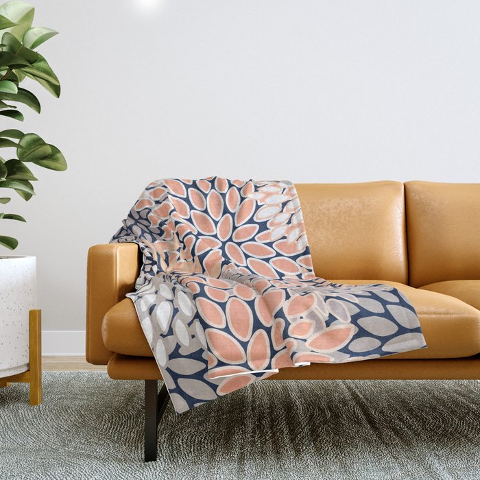 Floral Prints, Navy, Coral, Peach And Gray, Abstract Art, Coloured Prints Throw Blanket