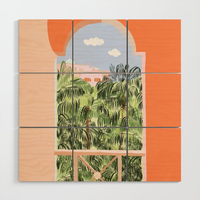Summer Travel, Tropical Nature Palm Trees, Modern Architecture Palace Illustration Painting Wood Wall Art