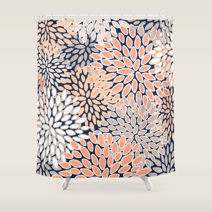 Floral Prints, Navy, Coral, Peach And Gray, Abstract Art, Coloured Prints Shower Curtain