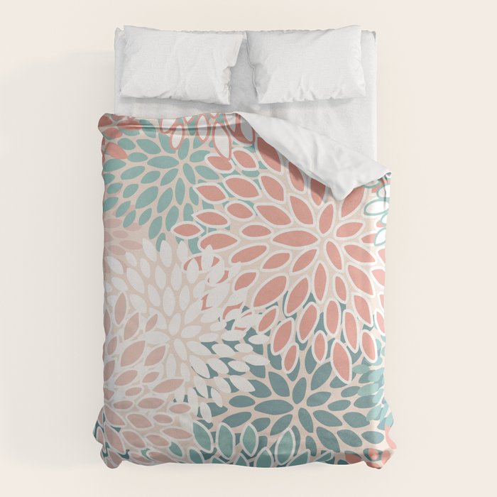 Festive, Floral Prints, Teal, Peach, Coral Duvet Cover
