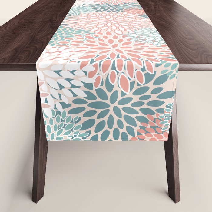 Festive, Floral Prints, Teal, Peach, Coral Table Runner