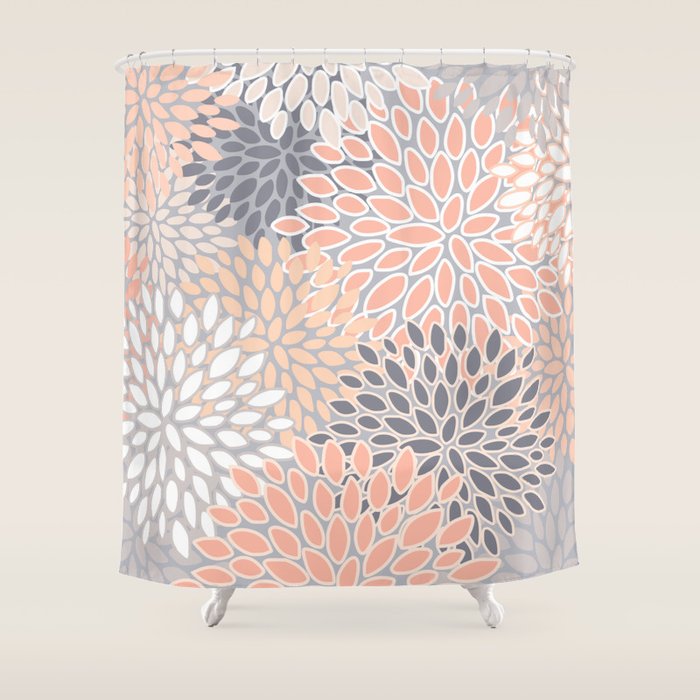 Flowers Abstract Print, Coral, Peach, Gray Shower Curtain