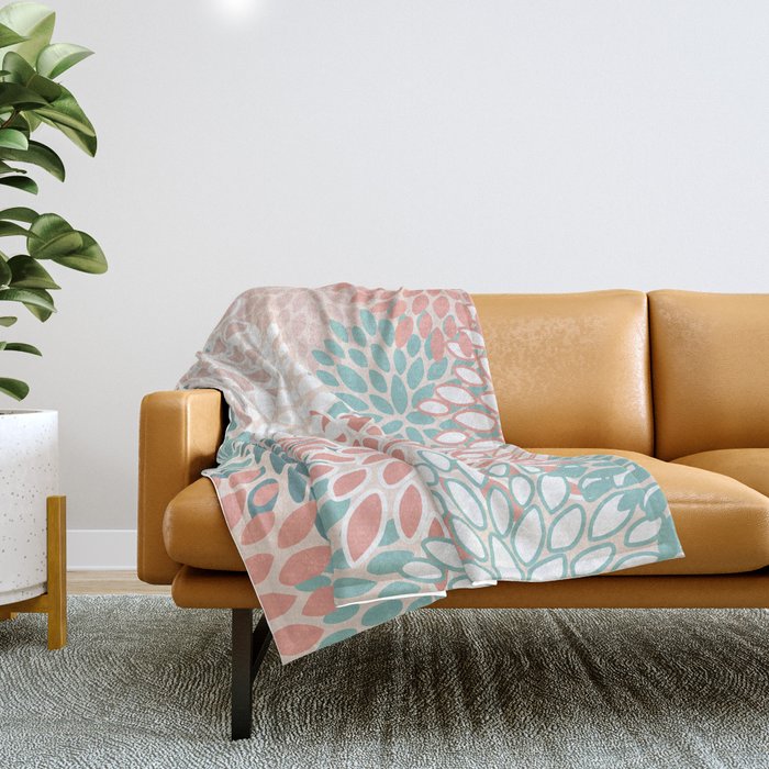 Festive, Floral Prints, Teal, Peach, Coral Throw Blanket