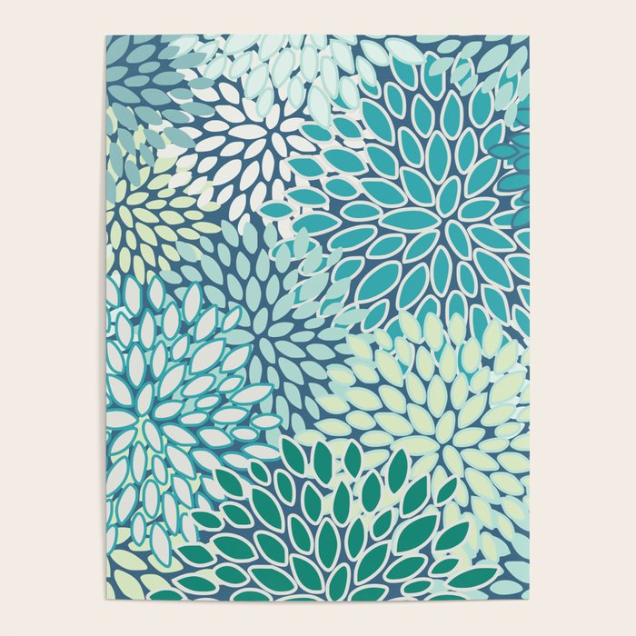 Christmas, Floral Prints, Teal, Blue And Green, Colour Prints Poster