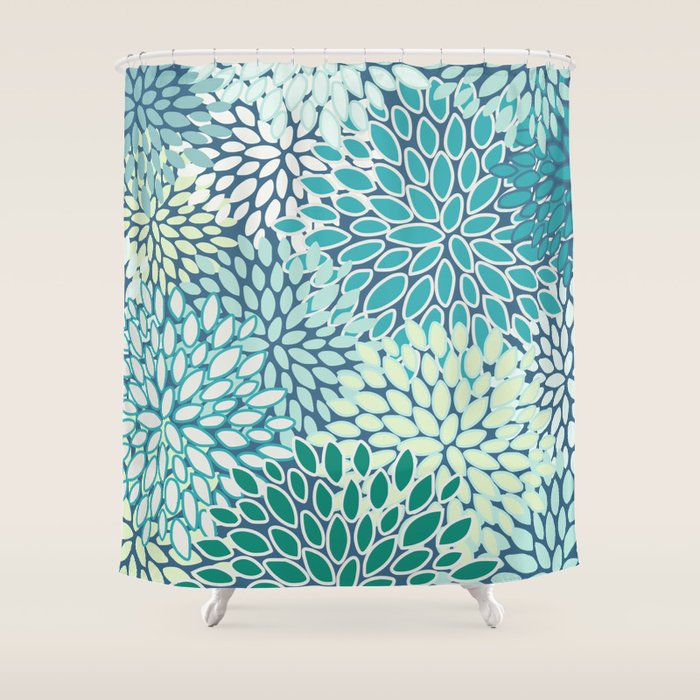 Christmas, Floral Prints, Teal, Blue And Green, Colour Prints Shower Curtain