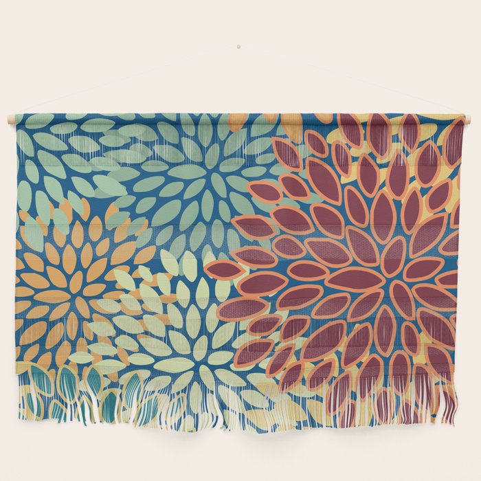 Festive Floral Prints, Red, Teal, Yellow, Orange, Colourful Prints Wall Hanging