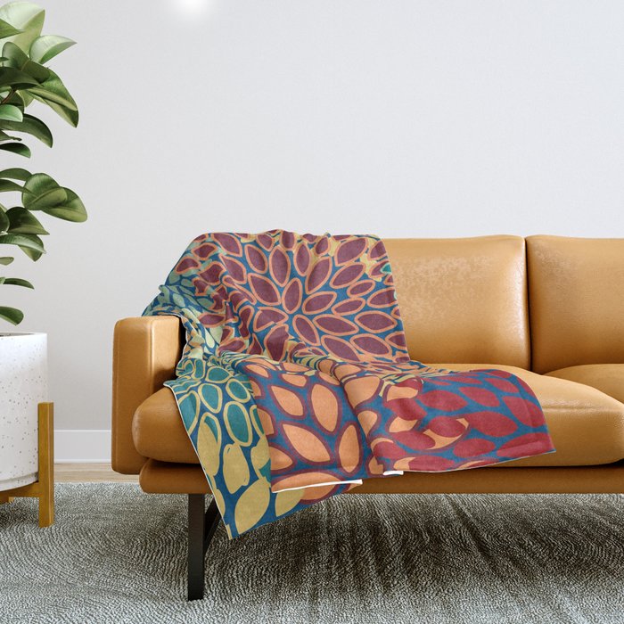 Festive Floral Prints, Red, Teal, Yellow, Orange, Colourful Prints Throw Blanket