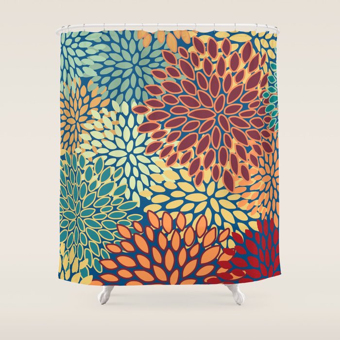 Festive Floral Prints, Red, Teal, Yellow, Orange, Colourful Prints Shower Curtain