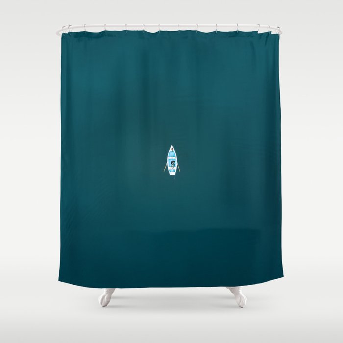 Minimalist Boat In Blue Lake  Shower Curtain