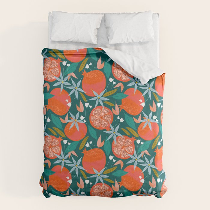 Summer Pomegranate, Tropical Fruit Illustration, Colorful Eclectic Bohemian Juicy Summer Botanical Duvet Cover