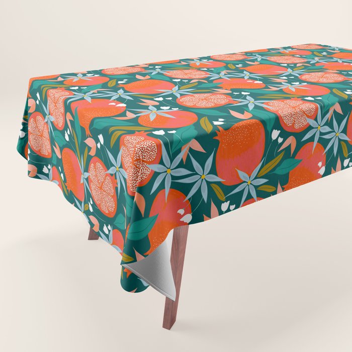 Summer Pomegranate, Tropical Fruit Illustration, Colorful Eclectic Bohemian Juicy Summer Botanical Tablecloth