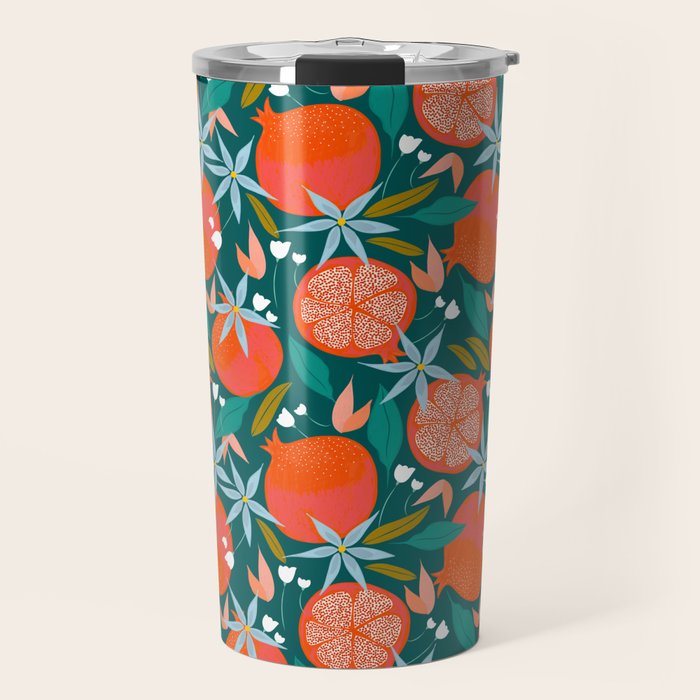 Summer Pomegranate, Tropical Fruit Illustration, Colorful Eclectic Bohemian Juicy Summer Botanical Travel Mug