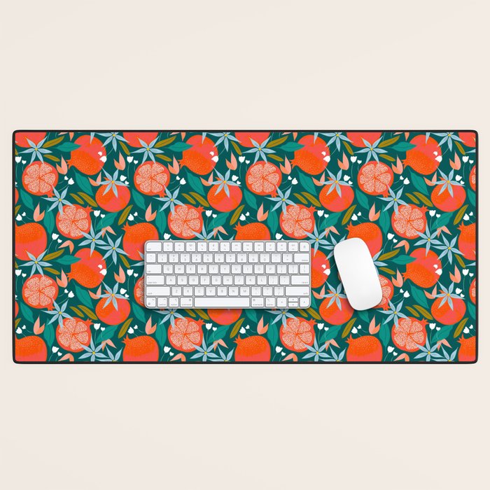 Summer Pomegranate, Tropical Fruit Illustration, Colorful Eclectic Bohemian Juicy Summer Botanical Desk Mat
