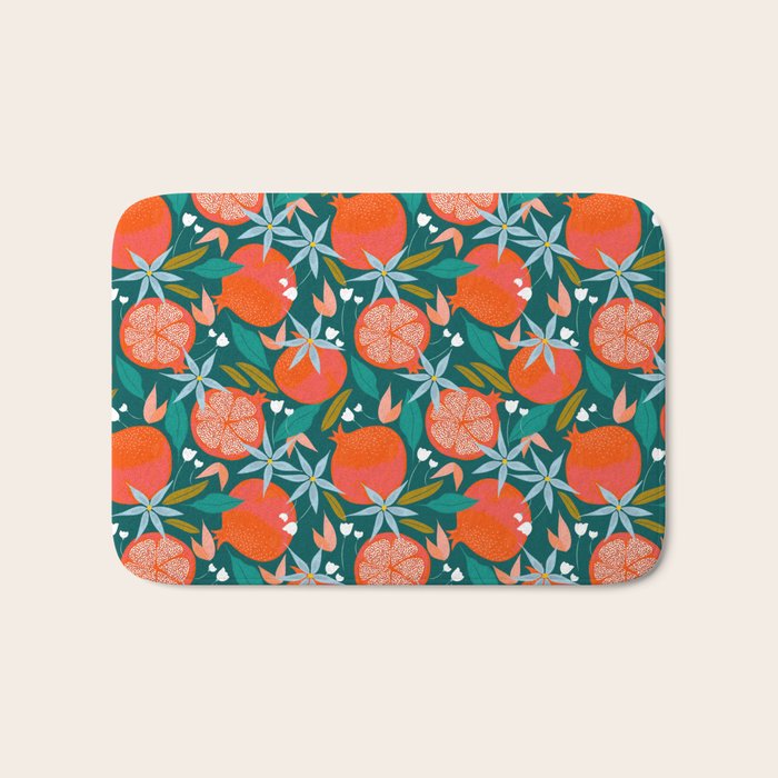 Summer Pomegranate, Tropical Fruit Illustration, Colorful Eclectic Bohemian Juicy Summer Botanical Bath Mat