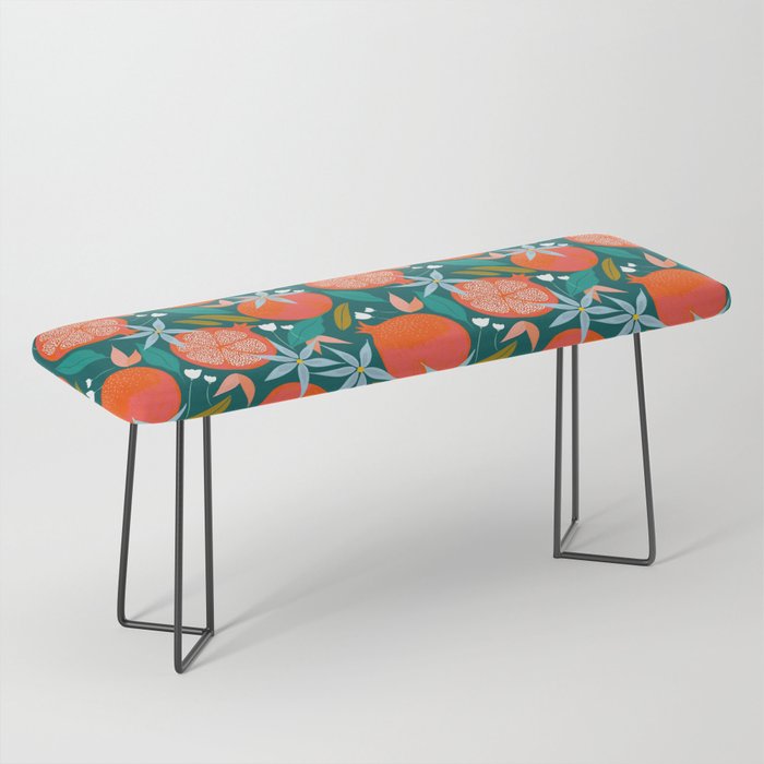 Summer Pomegranate, Tropical Fruit Illustration, Colorful Eclectic Bohemian Juicy Summer Botanical Bench