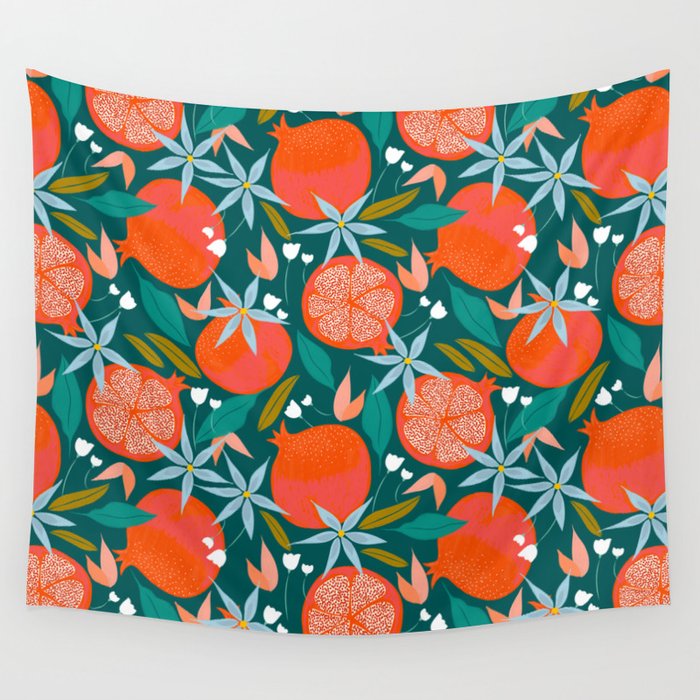 Summer Pomegranate, Tropical Fruit Illustration, Colorful Eclectic Bohemian Juicy Summer Botanical Wall Tapestry