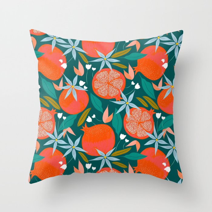 Summer Pomegranate, Tropical Fruit Illustration, Colorful Eclectic Bohemian Juicy Summer Botanical Throw Pillow