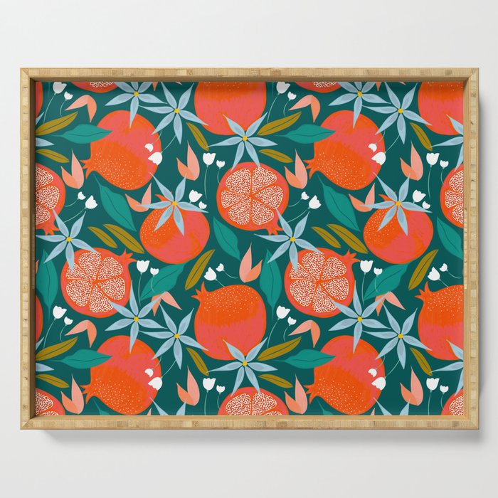 Summer Pomegranate, Tropical Fruit Illustration, Colorful Eclectic Bohemian Juicy Summer Botanical Serving Tray