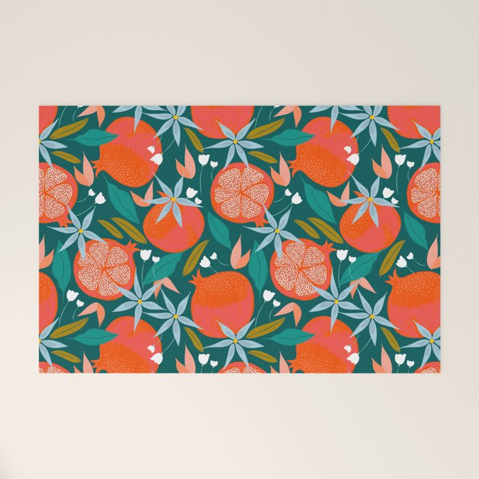 Summer Pomegranate, Tropical Fruit Illustration, Colorful Eclectic Bohemian Juicy Summer Botanical Welcome Mat