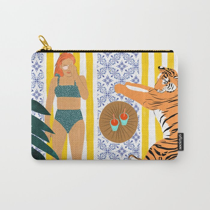 How To Vacay With Your Tiger, Human Animal Connection Illustration, Tropical Travel Morocco Painting Carry All Pouch