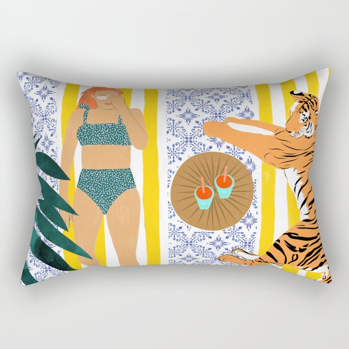 How To Vacay With Your Tiger, Human Animal Connection Illustration, Tropical Travel Morocco Painting Rectangular Pillow