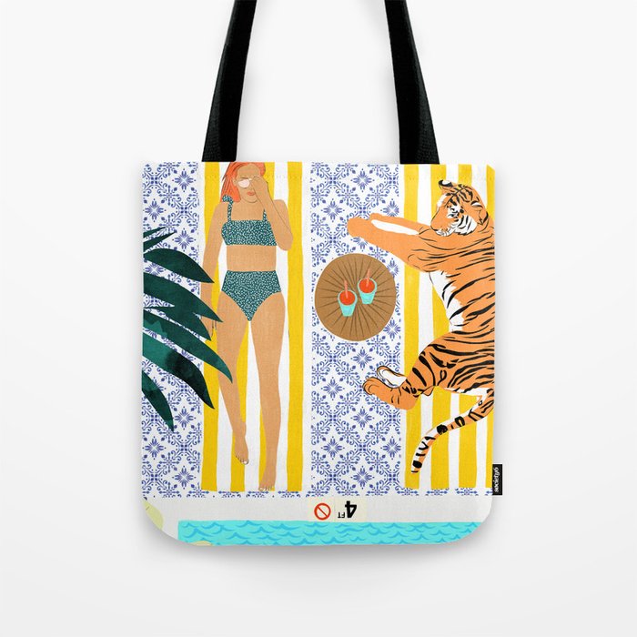 How To Vacay With Your Tiger, Human Animal Connection Illustration, Tropical Travel Morocco Painting Tote Bag