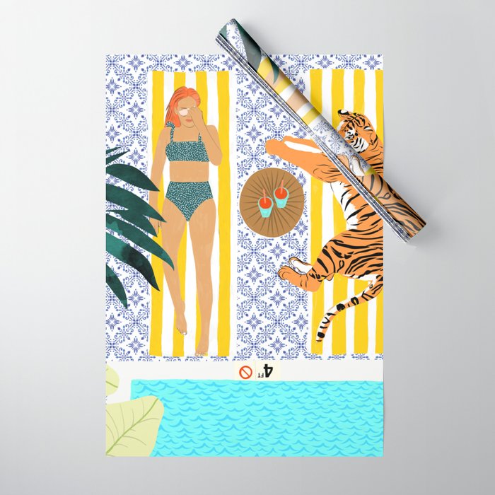 How To Vacay With Your Tiger, Human Animal Connection Illustration, Tropical Travel Morocco Painting Wrapping Paper