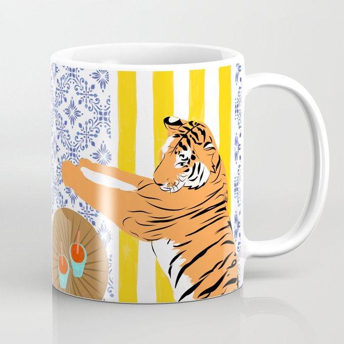 How To Vacay With Your Tiger, Human Animal Connection Illustration, Tropical Travel Morocco Painting Coffee Mug