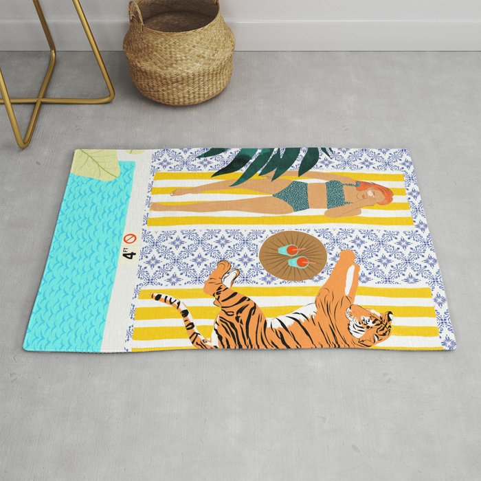 How To Vacay With Your Tiger, Human Animal Connection Illustration, Tropical Travel Morocco Painting Rug