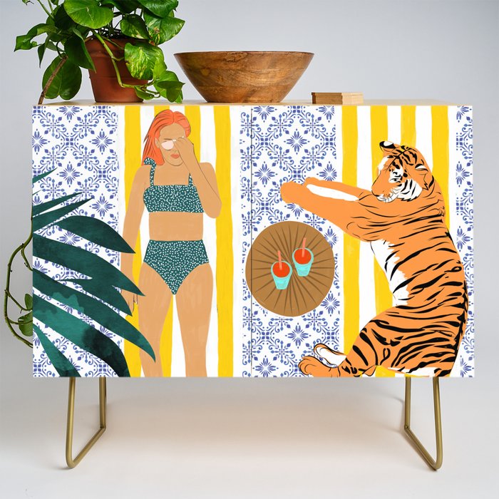 How To Vacay With Your Tiger, Human Animal Connection Illustration, Tropical Travel Morocco Painting Credenza