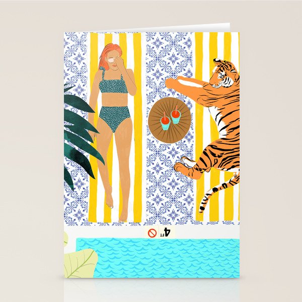 How To Vacay With Your Tiger, Human Animal Connection Illustration, Tropical Travel Morocco Painting Stationery Card