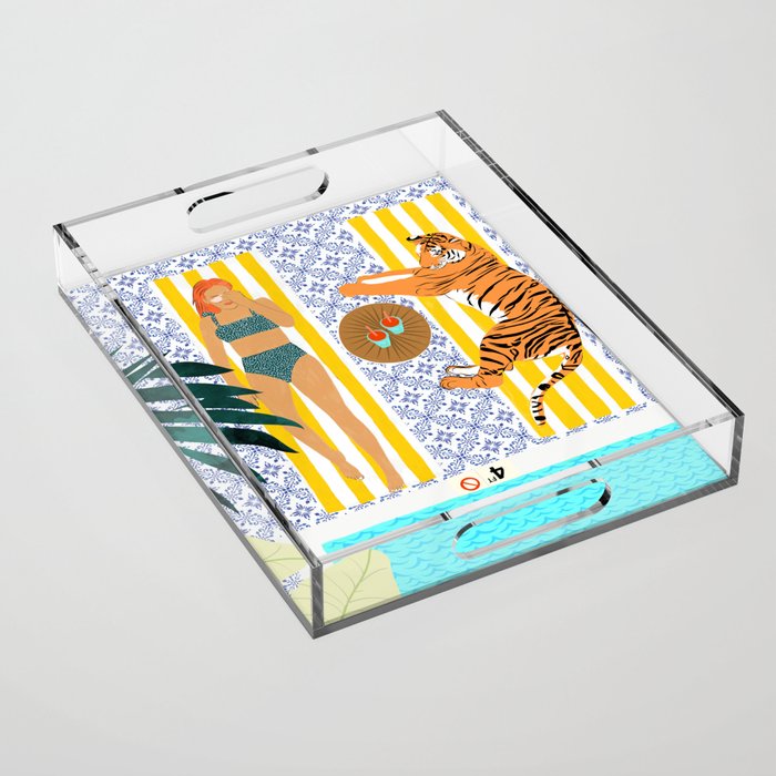 How To Vacay With Your Tiger, Human Animal Connection Illustration, Tropical Travel Morocco Painting Acrylic Tray
