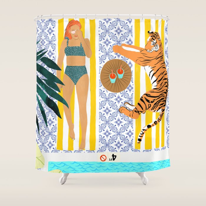 How To Vacay With Your Tiger, Human Animal Connection Illustration, Tropical Travel Morocco Painting Shower Curtain