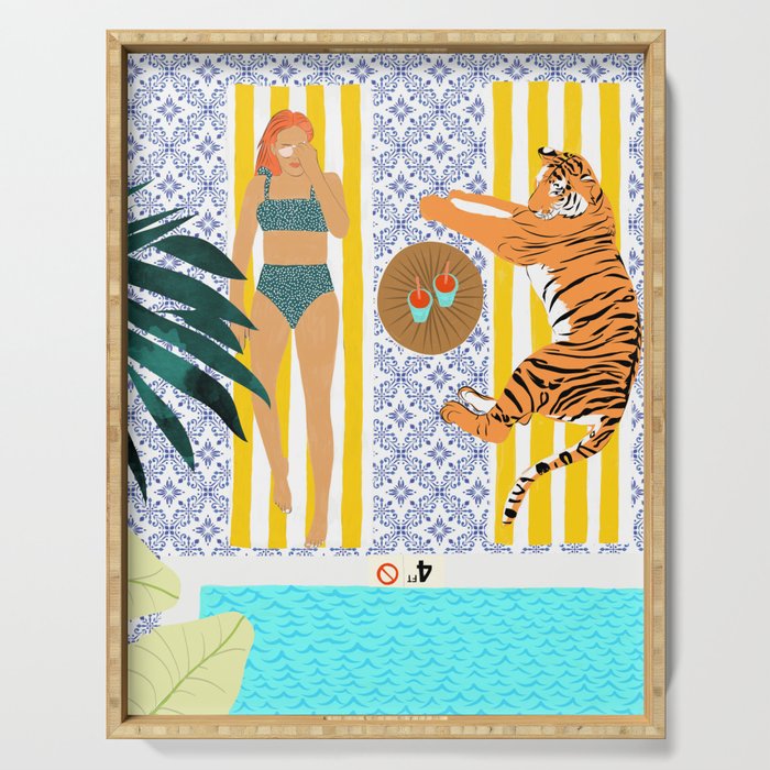 How To Vacay With Your Tiger, Human Animal Connection Illustration, Tropical Travel Morocco Painting Serving Tray
