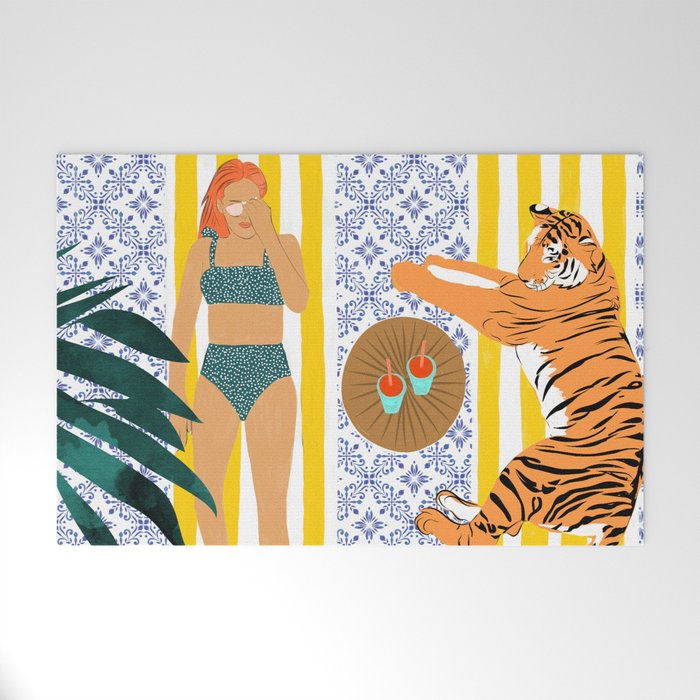 How To Vacay With Your Tiger, Human Animal Connection Illustration, Tropical Travel Morocco Painting Welcome Mat