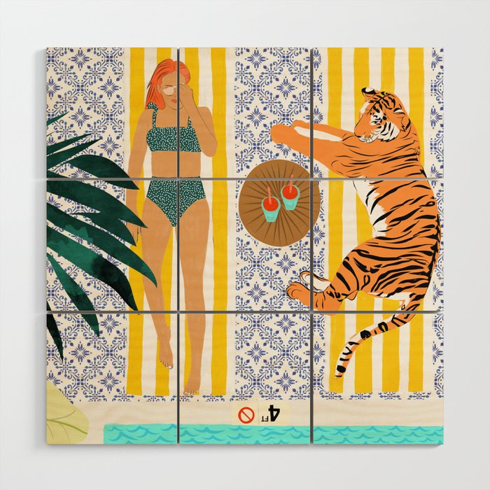 How To Vacay With Your Tiger, Human Animal Connection Illustration, Tropical Travel Morocco Painting Wood Wall Art