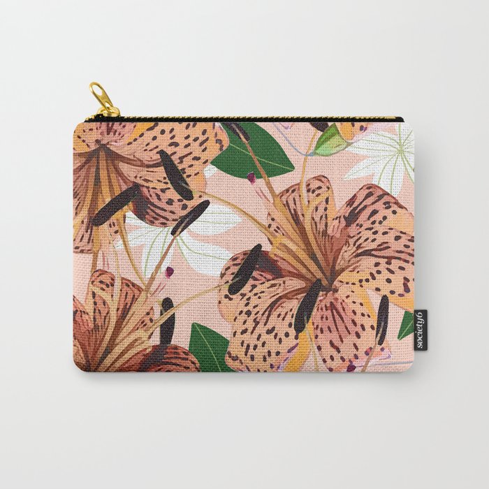 Tiger Lillies, Tropical Blush Botanical Illustration, Polka Dots Nature Vibrant Floral Jungle Carry All Pouch