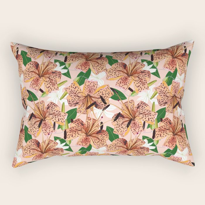 Tiger Lillies, Tropical Blush Botanical Illustration, Polka Dots Nature Vibrant Floral Jungle Rectangular Pillow