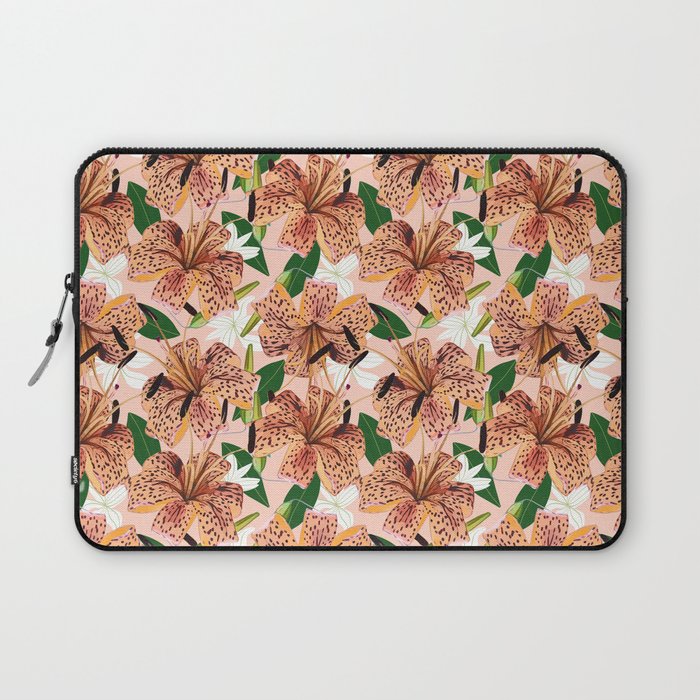 Tiger Lillies, Tropical Blush Botanical Illustration, Polka Dots Nature Vibrant Floral Jungle Laptop Sleeve