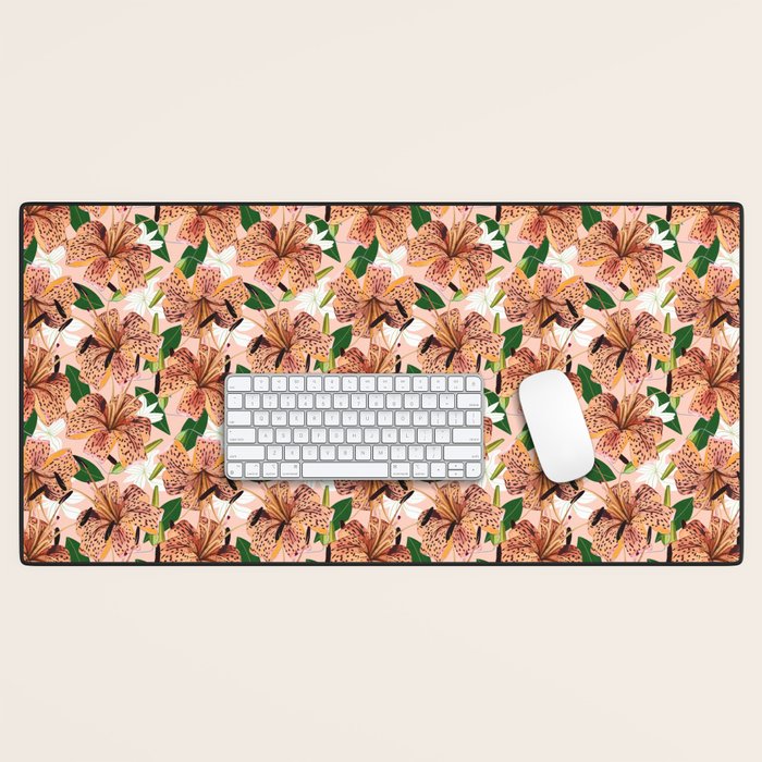 Tiger Lillies, Tropical Blush Botanical Illustration, Polka Dots Nature Vibrant Floral Jungle Desk Mat