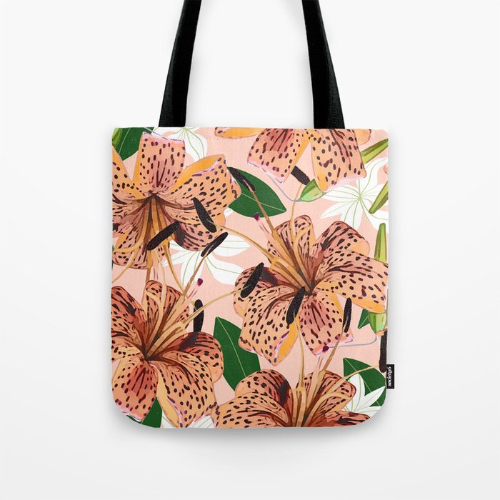 Tiger Lillies, Tropical Blush Botanical Illustration, Polka Dots Nature Vibrant Floral Jungle Tote Bag
